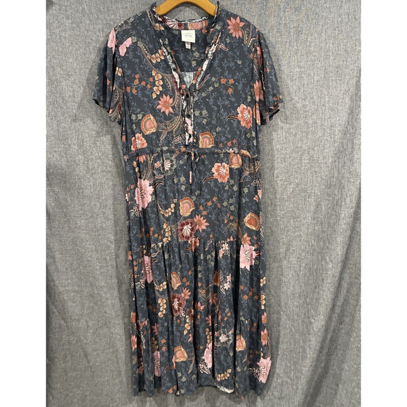 KNOX ROSE Short Sleeve Midi Dress Hunter Green Floral Tiered Fall Boho V Neck XL - Picture 1 of 12